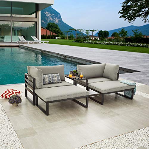Lokatse Home 5 Pieces Patio Furniture Conversation Metal Sofa Set Sunroom Indoor Chaise Lounge Cushioned Chairs With Ottoman Table, Grey #TOP5