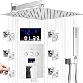 AYIVG Shower System Temperature Display Shower Faucet Set Concealed Shower Mixer Set 12 inch Wall Rainfall Shower System with 6 Shut-Off Body Jets with 3-way Diverter Valve Chrome