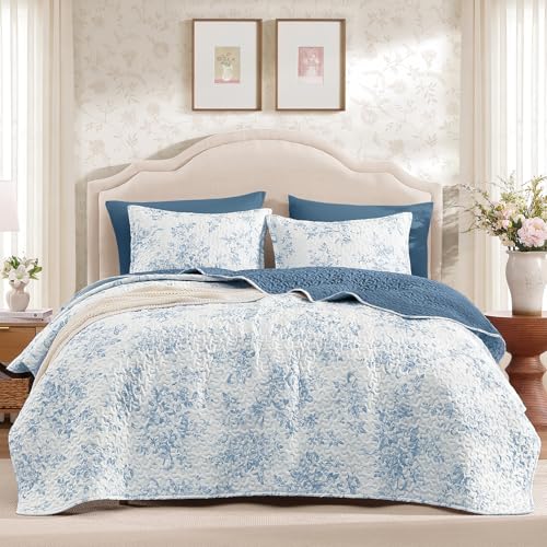 Image of Andency Quilt Queen Size, Blue Flower Bedspread Queen Size, 3 Pieces Soft Bedding Set, Lightweight Coverlet Set for All Season with 2 Pillowcases (96 inchx90 inch)