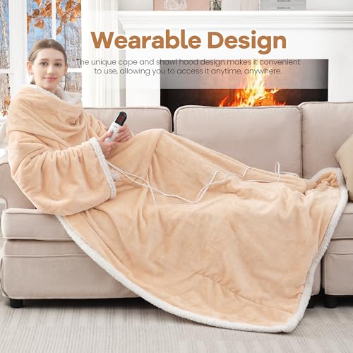 Wearable Electric Blanket with Foot Pocket and Sleeves, Heating Throw Blanket, 6 Heating Levels & Auto Shut Off, Machine Washable (Long, Beige)