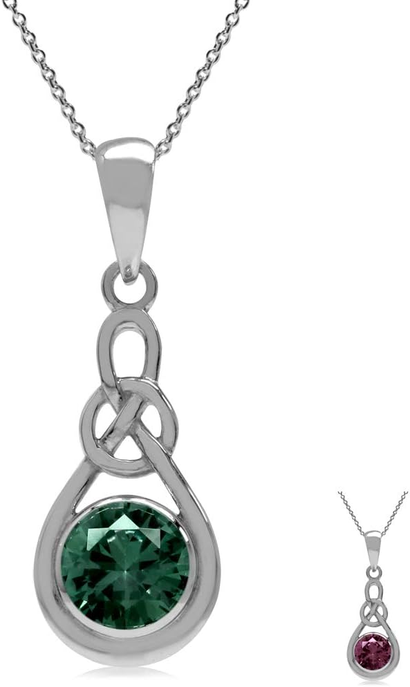 Silvershake6MM Genuine or Created Gems Irish Celtic Knot Solitaire Drop Pendant with 18 Inch Necklace Jewelry for Women or Teens