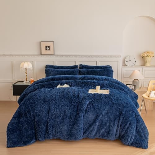 chovy Faux Fur Plush Navy Blue Comforter Sets Queen - Ultra Soft Shaggy Flannel Velvet Fluffy Fuzzy 3PC Bedding Set (Comforter x 1 Pillowcases x 2)