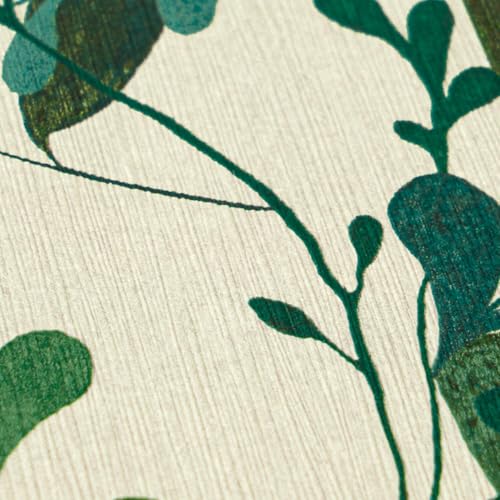 Profhome Papel pintado floral 791868-GU no tejido blanco y verde gris-oliva de 0,53 m 5