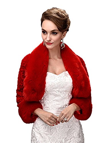 Ommda Damen Kunstpelz Braut Jacke Lange Ärmel Bolero Jacke Hochzeit Jacke Braut Winter Rot Cover