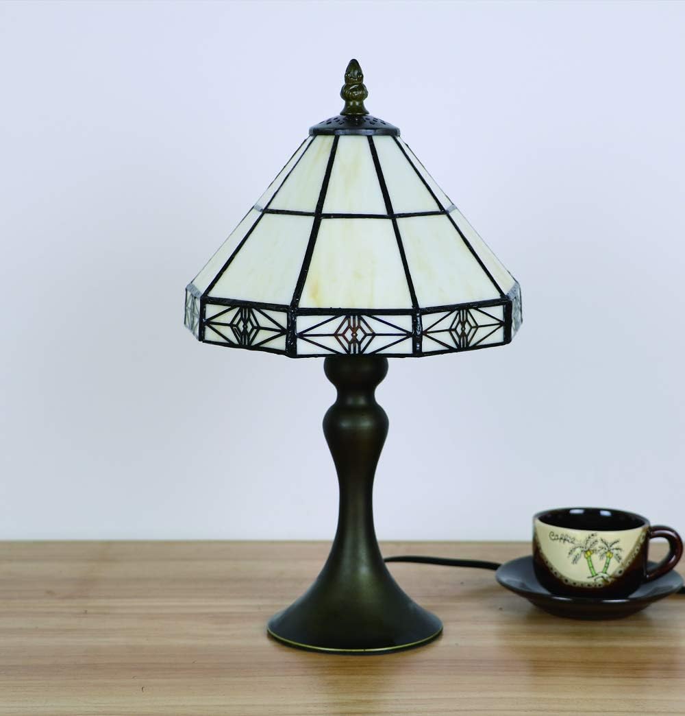 Tiffany Style Table Lamps 8 Inch, Vintage White Simple Style Stained Glass Lamps for Living Room, Bedroom Bedside Desk Lamp, Decorative Lights for Lounge
