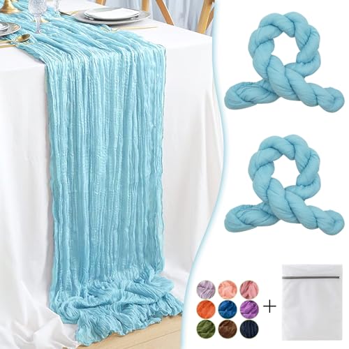 Waligoy Baby Blue Cheesecloth Table Runner 2 Pack 35" Boho Gauze Cheese Cloth 120 inches Long Rustic Sheer Fabric Bulk for Baby Shower Wedding Bridal Birthday Party Table Decorations
