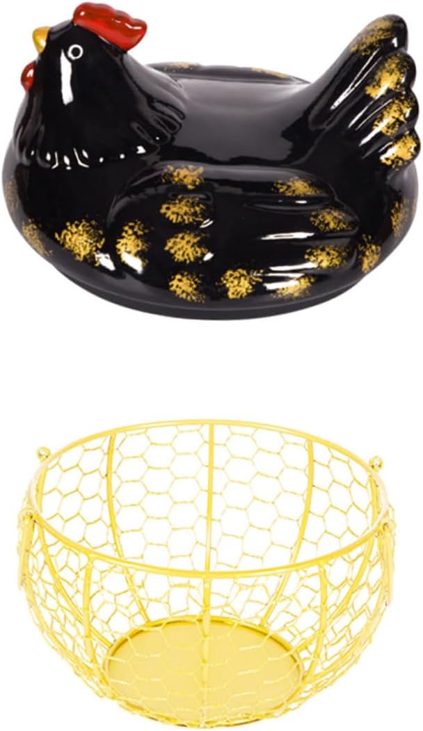 Iron Art Egg Basket Chicken Shape Kitchen Storage Basket with Black Lid and Golden Wire Frame, Decorative Home Egg Holder for Countertop and Desktop Organization