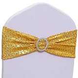 SINSSOWL Pack of 100 Spandex Sequin Gold Chair Sashes for Wedding Chair Sashes for Party Fiesta Baby Shower Decor Chairs Bands - Sequins Gold Sash for Chairs