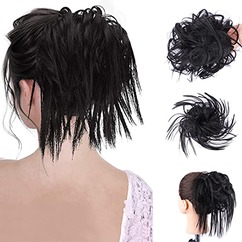 Tousled Updo Messy Bun Hair Piece Hair Extension with Elastic Rubber Band Scrunchies Extensions Hair Pieces and Ponytails Hair Extensions Synthetic Hair for Women (1B, Tousled Updo Bun)