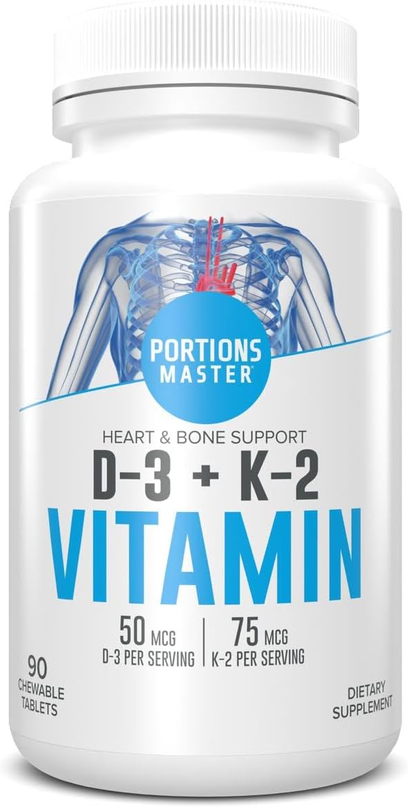 Portions Master Vitamin D3 + K2 Supplement, Bone and Heart Health Support, High Potency D3 5000 IU with Menaquinone MK-7, Non-GMO, Gluten-Free (60 Capsules)