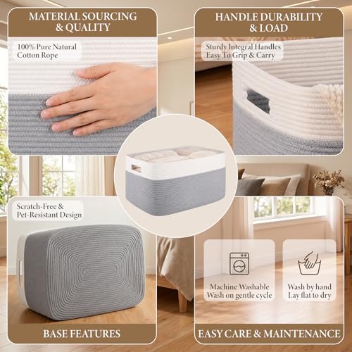 SIXDOVE 75L Large Cotton Rope Basket, Soft Toy Storage Bin for Nursery & Living Room, Decorative Blanket Basket for Bedroom, Baby-Safe Organizer for Pillows &Laundry, 22''×17''×12'', Grey and White - Image 3