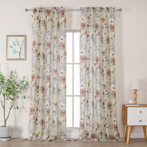 Image of OWENIE Printed Sheer Curtains 108 Inches Extra Long 2 Panels Set, Sheer Floral Curtains Printing Drapes on Sheers for Living Room Bedroom, Rod Pocket Light Filtering Window Sheers 51 inch W x 108 inch L