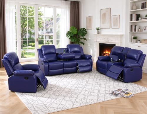 Bicerkib Leather Recliner Sofa Set for Living Room Furniture Sets, Blue Faux Leather Manual Reclining Living Room Couch Set 3 Pieces for Home Furniture/Theater Seating/Rv Car/Curbside Only(3+2+1)