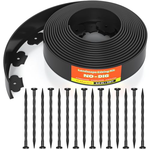 33FT Landscape Edging, Heavy Duty 2 Inch Tall Plastic Garden Border with 30 Anchoring Spikes (Black)