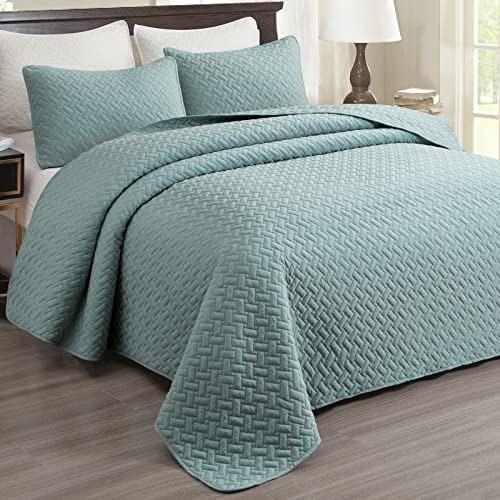 EMME Quilts Queen Size Bedding Sets, Lake Blue Bedspread Soft Lightweight Pre-Washed Quilt, 3 Piece Cozy Reversible Microfiber Coverlet with Pillow Sham (Basket Weave,90"x90")