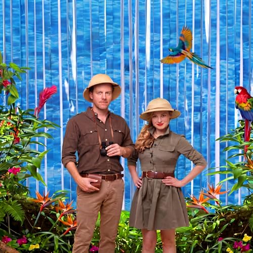 Image of Tiamon 2 Pack Rainforest Party Decorations 3.3 x 6.6 Ft Foil Fringe Waterfall Landscaping Backdrop Rainforest Falls Tinsel Streamers Vacation Bible School Photo Props for 2026 VBS Party Supplies
