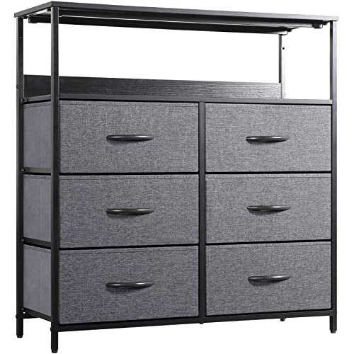 LYNCOHOME Dresser with 6 Drawers and Shelves for Closet, Clothes, Chest of Drawers, Small Dresser for Bedroom, Fabric Drawers(Gray)
