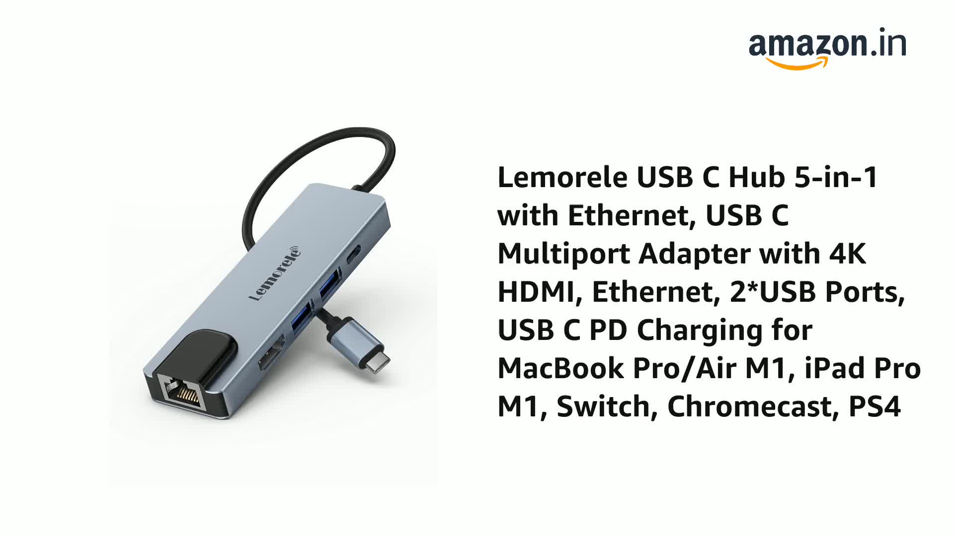 Hub USB C Lemorele 5-in-1 - Con HDMI 4K, PD 100W, Ethernet, USB 3.0 - Per MacBook, IPad, Windows