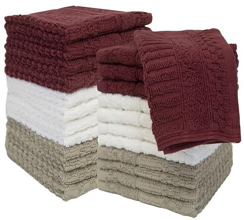 Image of PH Pleasant Home Diamond Wash Cloths Set - 12 Pack (12 inch x 12 inch) - 509 GSM - 100% Ring Spun Cotton Wash Cloth - Super Soft and Highly Absorbent Face Towels (Maroon, White & Tan)