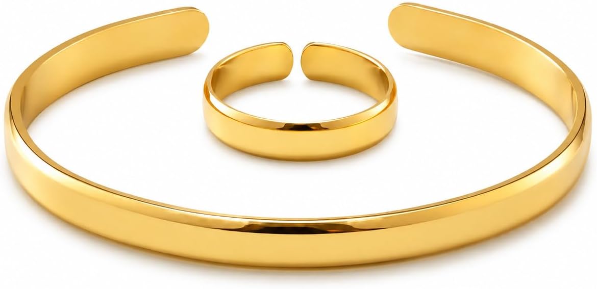 Cuff Bracelet & Ring Set, Waterproof 18K Gold