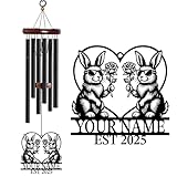 WindWink Personalized Customize Name Rabbit Wind Chime, Metal Iron 37 Inch Outdoor Memorial Gift for Garden Yard Patio Home Decor, Black (Style F)