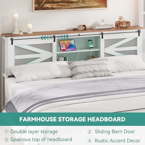 YITAHOME Farmhouse King Size Bed Frame with Headboard, Bookcase Storage Shelves, Sliding Grid Barn Door, Charging Station, Rustic Wood Platform Bed, No Box Spring Needed, White
