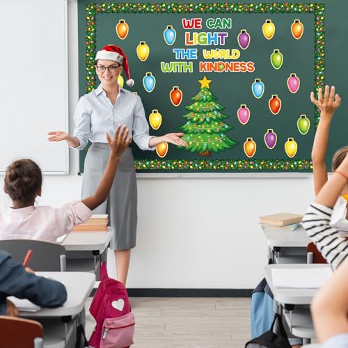 Image of Christmas Bulletin Board Decorations Set for Classroom, Office, School, Home - Colorful Light Bulbs, Tree Cutouts for Xmas Holiday Winter Party Wall Decor