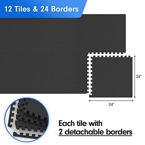 Feierdun Exercise Mat Workout Mat Eva Foam Interlocking Tiles For Protective, 12 Tiles Cushioned Workout Flooring For Home Gym Equipment Black #TOP2