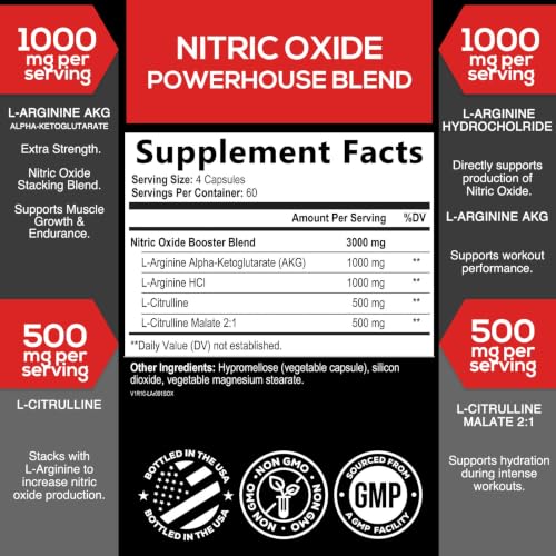 Image of Extra Strength Nitric Oxide Booster - 3X Strength L-Arginine AKG & Citrulline Malate - Men & Women Premium Pre Workout Nitric Booster - Natural Energy & Muscle Support, Bottled in USA - 240 Capsules