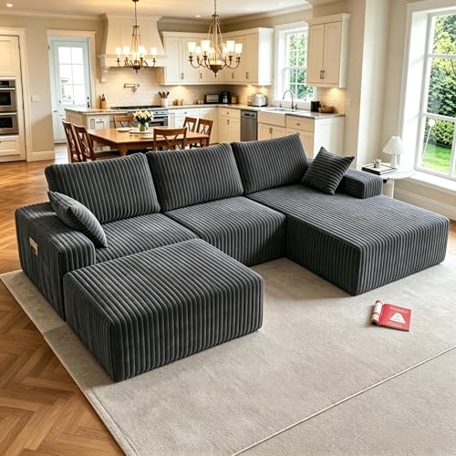 Image of Modular Sectional Sofa Couches L-Shape Couch 3 Seat Modular Sofa Memory Foam Sectional Couches for Living Room (Gray, 108 inch+Right Chaise + Ottoman)