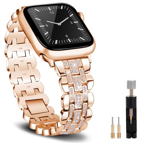 Ruibopad Bracelet compatible avec Apple Watch 38 mm, 40 mm, 41 mm, 44 mm, 45 mm, 49 mm, 42 mm, bracelet en métal scintillant pour iWatch séries 9, 8, 7, 6, SE, 5, 4, 3, 2, 1, Or rose, 49/46/45/44/42mm