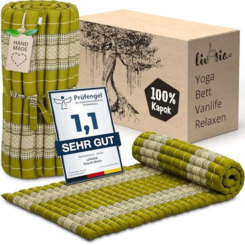 livasia Rollmatte Rollmatratze M schmal Einzelbett - 200x75x4,5cm - Gästebett Gästematratze 1 Person mit Muster, Reisebett Kofferraum outdoor, Thaimatte Kapok Garten handgefertigt (Grün)