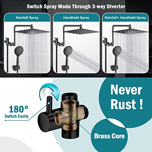 Pinwin 12'' Shower Head,Upgraded Rain Shower Head With 12'' Adjustable Extension Arm And 6-Setting Handheld Shower Head Combo,Powerful High Pressure Shower Spray Against Low Pressure Water,Matte Black #TOP3