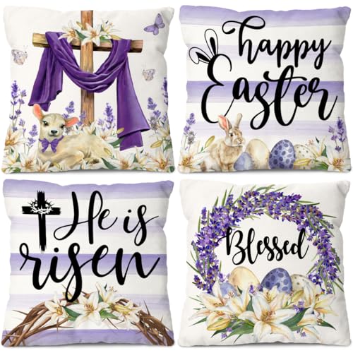 Easter Pillow Covers 18x18 Set of 4 Festive Easter Decor for Religious He is Risen Cross Bunny Pillowcase Designs Purple Cross Flower Wreath Blessed Spring Easter Egg Lily Cushion Case Home Decor