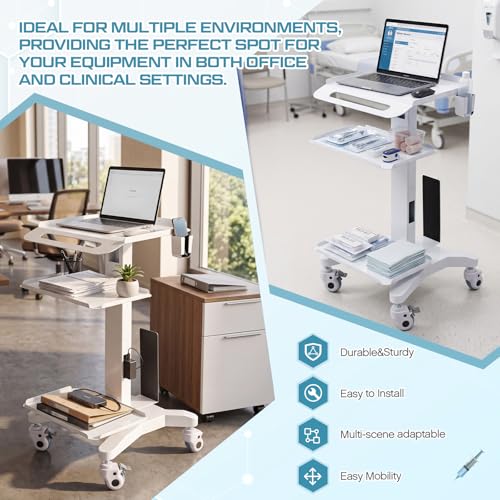 Image of DaisyInner Adjustable Mobile Medical Cart with Wheels, Laptop Rolling Cart with Storage Basket Large Tabletop Medical Trolley Workstation for Hospital, Lab Use (3 Tier)