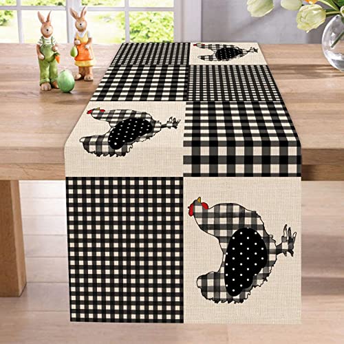 Seliem Farm Animal Chicken Hen Black White Buffalo Plaid Check Table Runner, Farmhouse Chick Home Kitchen Holiday Spring Summer Decor, Easter Country Rustic Burlap Dining Decoration Party Supply 13X72 #TOP3
