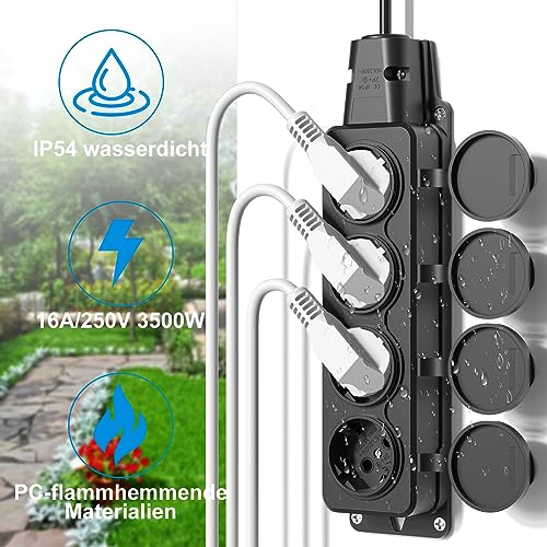 HITRENDS 4 Fach Steckdosenverteiler, 2 Stücke Außensteckdose Wasserdicht IP54, Schutzkontaktsteckdosen mit Klappdeckeln, Mehrfachsteckdose für außen, 230V/16A max. 3500W, Aussensteckdose, Schwarz 2