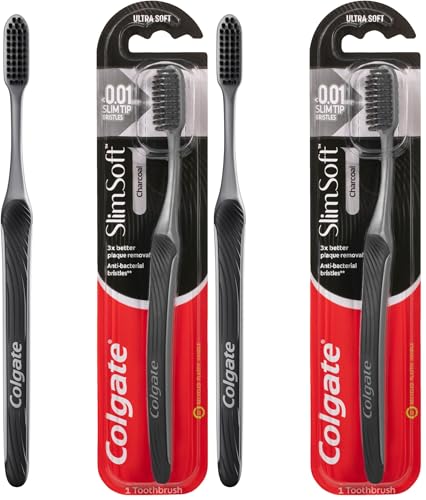 Colgate Slim Soft Charcoal Manual Toothbrush, 2 Pack, Soft With Slimmer Tip Charcoal Infused Bristles