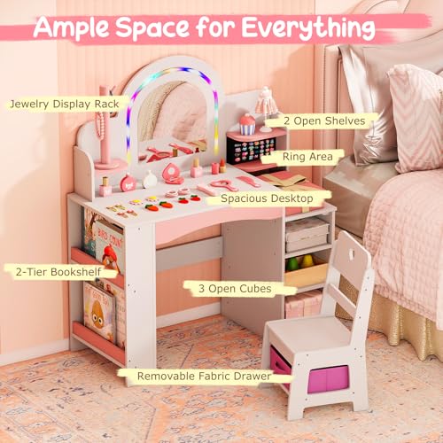 Image of Costzon Kids Vanity, Girls Vanity Set with Lighted Mirror, Bookshelf, Jewelry Storage, Toddler Makeup Vanity Desk Dressing Table, Wooden Kids Vanity Table and Chair Set (White)
