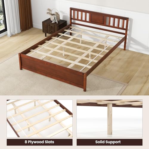 Giantex GX10842-HU Queen Size Solid Wood Platform Bed Frame, Mid Century Queen Bed Frame With Headboard, Wood Slat Support, Queen Panel Bed, No Box Spring Needed, Easy Assembly, Walnut thumb #7