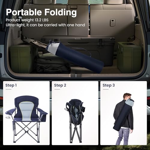 HIGH POINT SPORTS Oversized Camping Folding Chair, Heavy Duty Portable Outdoor Chair, Foldable Camp Chair with Cup Holder and Cooler Bag Support 450 LBS, Dark Blue… - Thumbnail 7