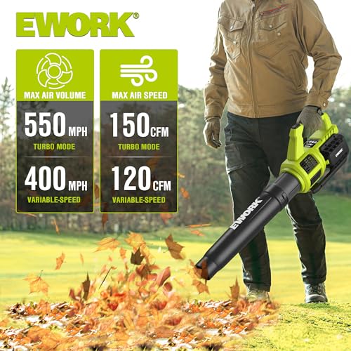 EWORK Cordless Leaf Blower 21V Electric Leaf Blower with (2) 3.0Ah Batteries and Fast Charger, Variable Speed, Turbo Mode, Battery Powered Handheld Leaf Blowers for Lawn Care and Clearance Yard Leaves