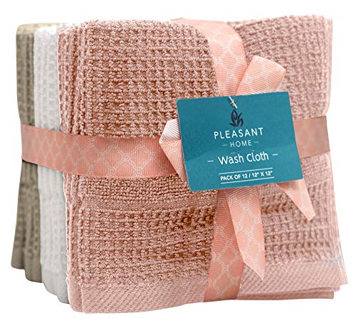Pleasant Home Washcloths Set - 12 Pack (12” X 12”) – 488 Gsm- 100% Ring Spun Cotton Wash Cloth - Super Soft And Highly Absorbent Face Towels (Blush Combo, Waffle Design) #TOP1