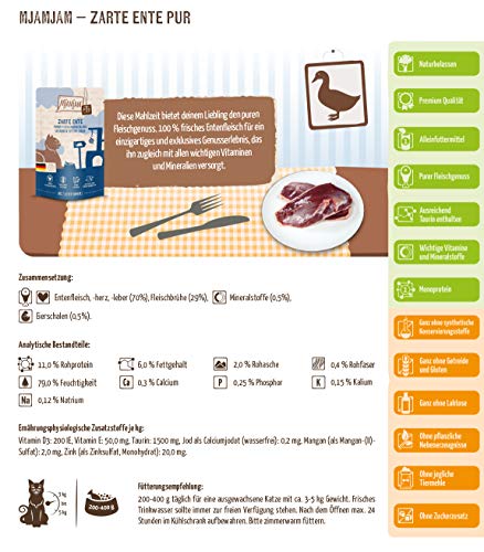 MjAMjAM - Premium Nassfutter für Katzen - Quetschie - purer Fleischgenuss - zarte Ente pur, 12er Pack (12 x 125 g), getreidefrei mit extra viel Fleisch 3