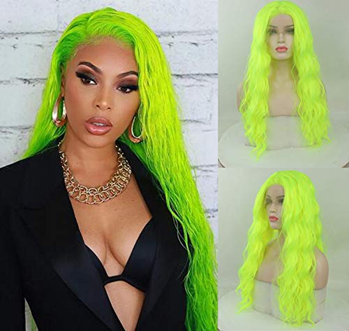 Royalvirgin - Peluca de encaje frontal sin pegamento, color amarillo fluorescente, fibra larga rizada resistente al calor, 66 cm, color verde brillante