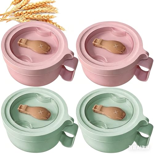 MUUBOOX 4Pack Wheat Straw Microwave Ramen Bowl Set Noodle Bowls With Lid and Spoon, Improved Easy-Grip Design for On-the-Go - Holds Soup, Rice, Cereal & More - BPA-Free(Pink of 2+Green of 2)