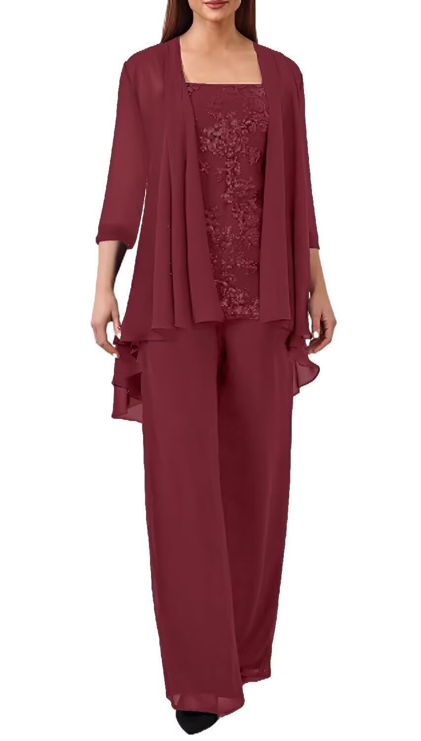 3 Pcs Mother of The Bride Pant Suits for Wedding - Chiffon Sparkly Sequins Lace Appliques Grandmother of