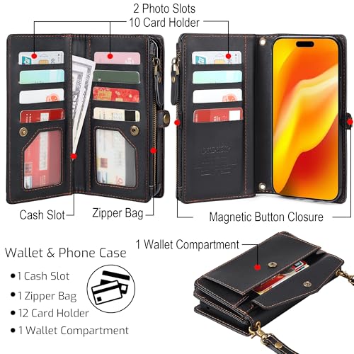 DKDKSIP Compatible with iPhone 17 6.3\" Wallet Case with RFID Blocking Card Holder for Women, PU Leather Flip Zipper Wallet Detachable Magnetic Phone Case Crossbody Strap, Black - Thumbnail 3
