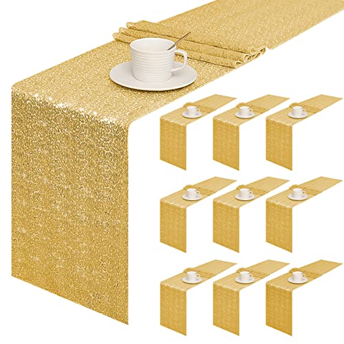 Sugargirl 10 Packs 12 x 72 inches Sequin Table Runner, Glitter Gold Table Runner for Birthday Party Supplies Wedding Holiday Celebration Event Decorations by Sugargirl - Used condition - US$21.83