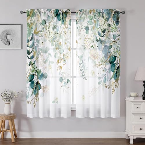 Green Eucalyptus Leaves Curtains 63 Inch Length 2 Panels, Elegant Wild Flower Floral Light Filtering Bedroom Living Room Kitchen Curtain for Small Window, Sage Green Drapes Rod Pockets, 42x63 Inches